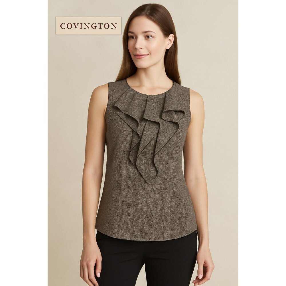 Covington Ruffle Front Sleeveless Blouse Women’s Size M Gray Black Herringbone P